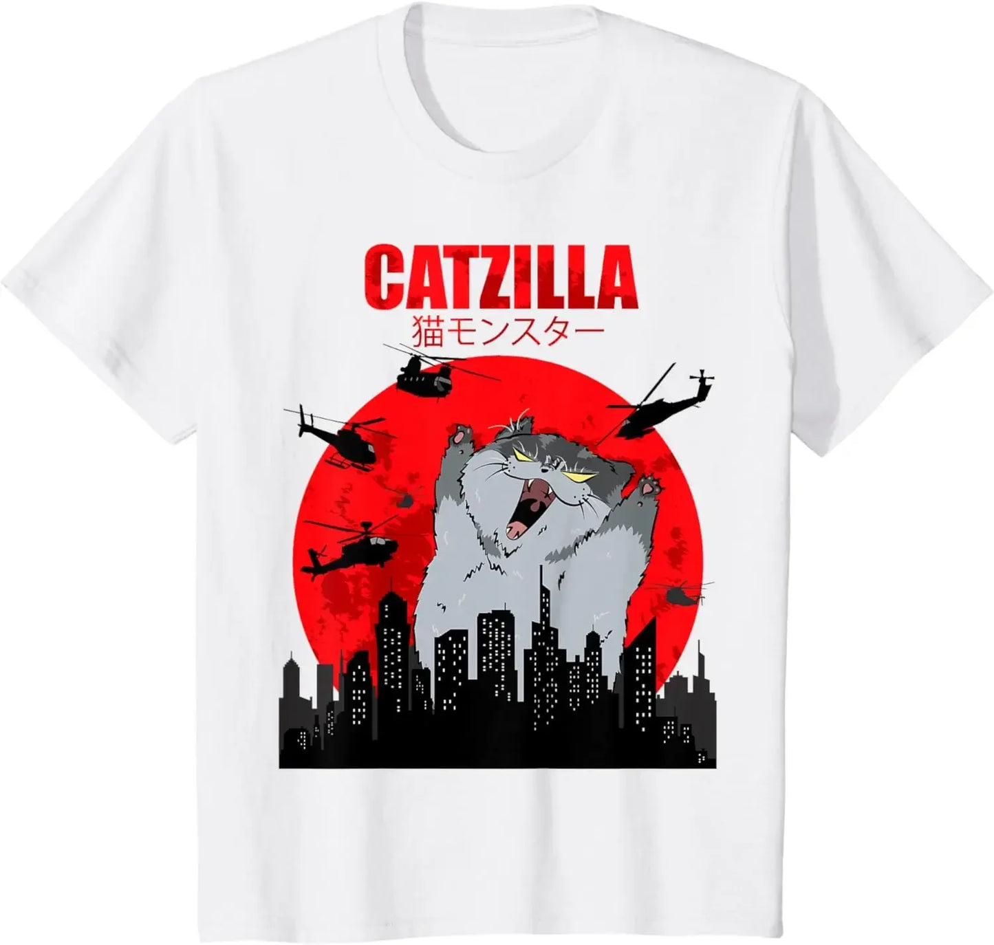 Funny Cute Art Japanese Cat Graphic for Cat Lover Catzilla T-Shirt Graphic T Shirts Women's Clothing Fashion