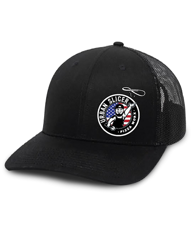Snap Back Hat - Black Side Red White and Blue Logo