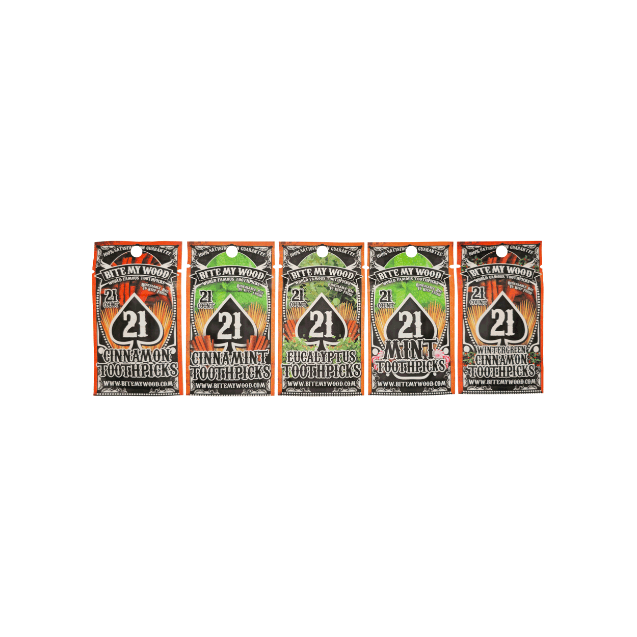 BiteMyWood Flavored Birchwood Toothpicks in Plastic Reusable Bag 21 qty 5 Flavors To Choose From