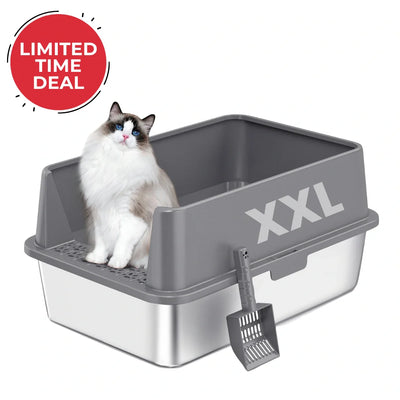 XXL Stainless Steel Cat Litter Box with Lid – High Sides, Low Entry, Easy to Clean, Odor-Free, Anti-Leak | Buy 2 & Save $10