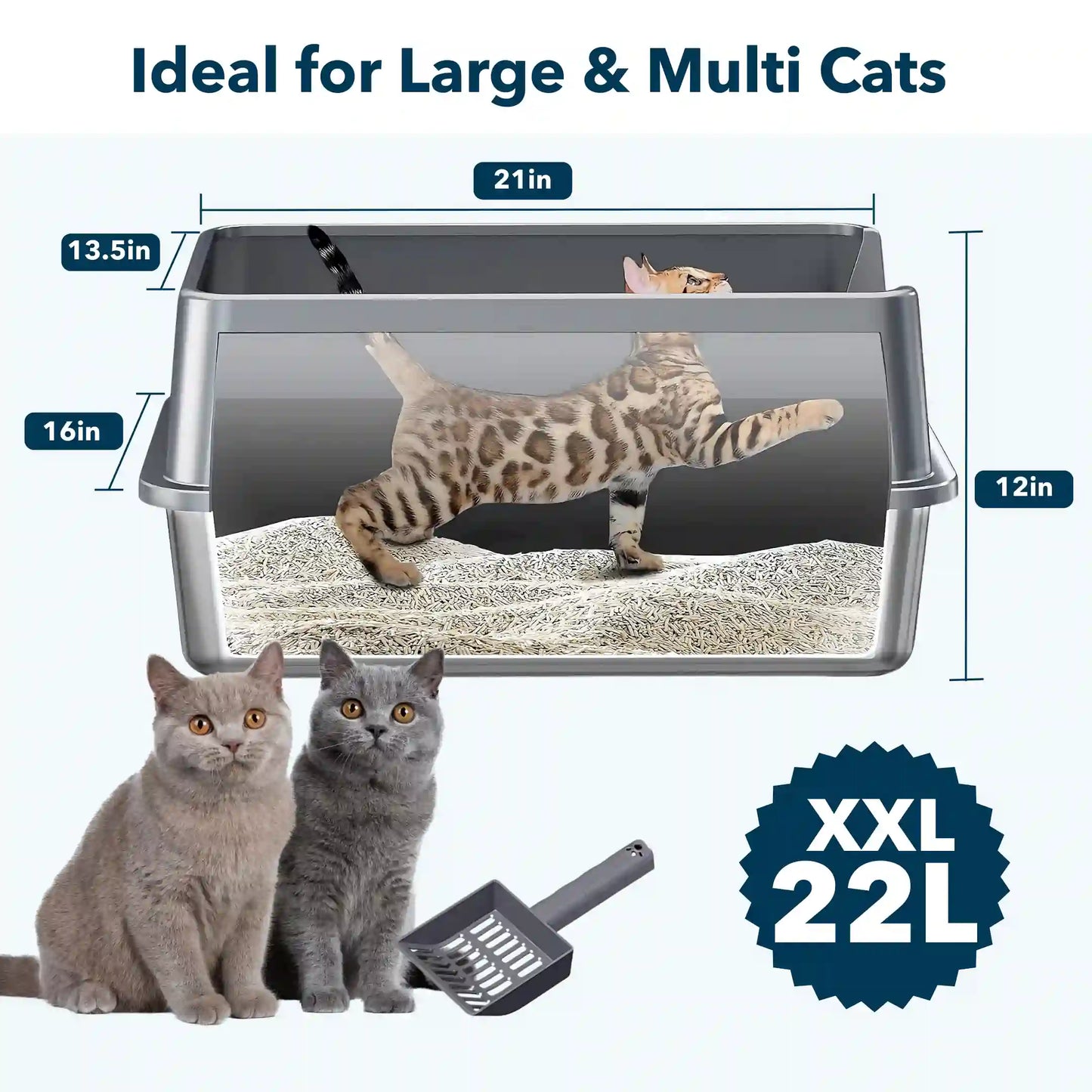 XXL Stainless Steel Cat Litter Box with Lid – High Sides, Low Entry, Easy to Clean, Odor-Free, Anti-Leak | Buy 2 & Save $10