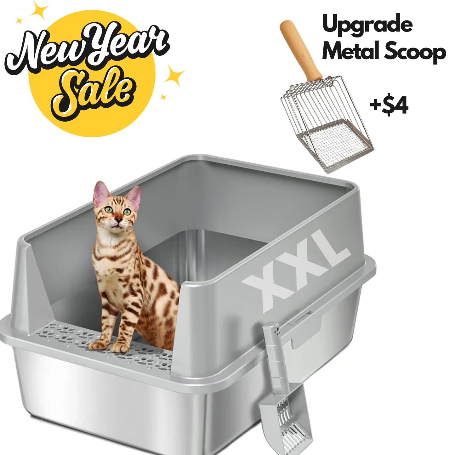 XXL Stainless Steel Cat Litter Box with Lid – High Sides, Low Entry, Easy to Clean, Odor-Free, Anti-Leak | Buy 2 & Save $10